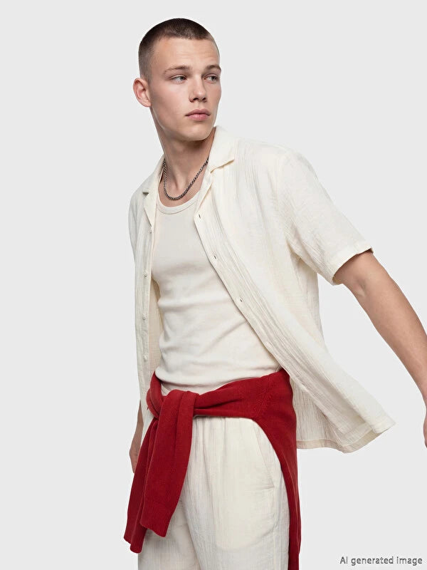 XSIDE Ekru Loose Fit Resort Yaka Müslin Erkek Gömlek