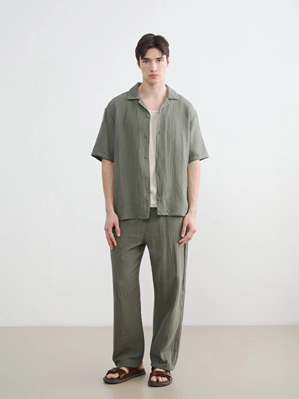 XSIDE Haki Loose Fit Resort Yaka Müslin Erkek Gömlek