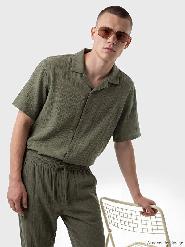 XSIDE Haki Loose Fit Resort Yaka Müslin Erkek Gömlek
