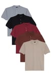 Erkek 5'li Paket Gri-Kahverengi-Kırmızı-Siyah-Taş Regular Fit Pamuklu Düz Pike Polo Yaka Tişört