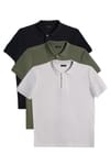 Erkek 3'lü Paket Siyah-Yeşil-Gri Slim Fit Dar Kesim Pamuklu Düz Pike Polo Yaka Tişört